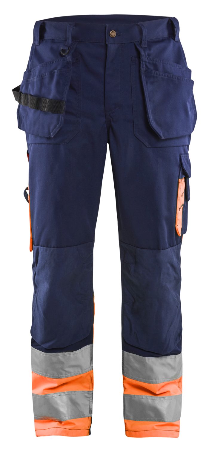 Navy work trousers with Hi-Vis detail.